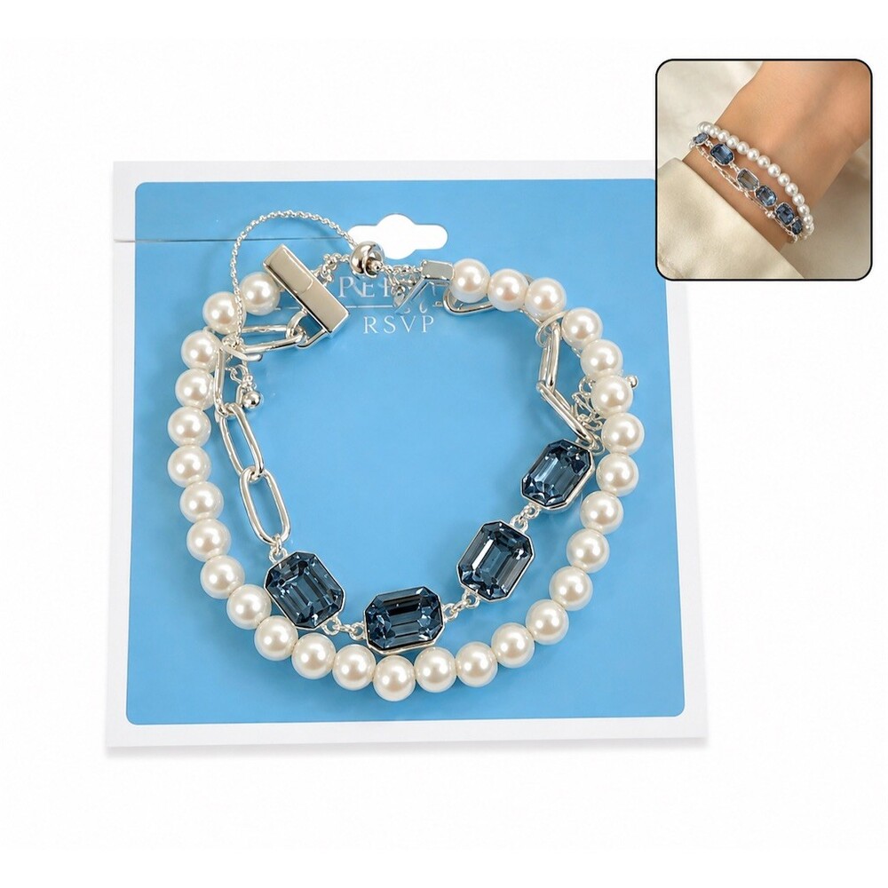 Draper James RSVP Bracelet Double Strand Faux Pearls Blue Crystal cute gift